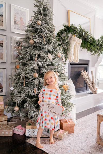 Bright and cheery Christmas gingham twirl dress for girls