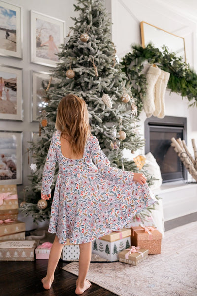 Girls bright and cheery watercolor floral christmas print twirl dress with modern square back